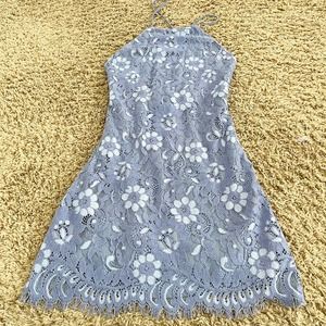 NBD Lace Mini Dress Women's Size XS Blue Floral Open Back Lace Up